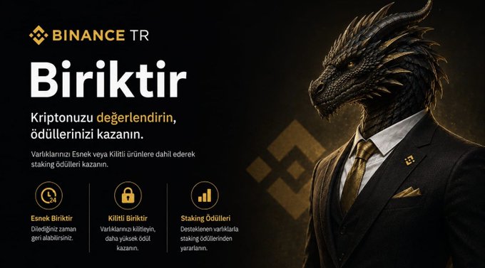 The image is a Binance TR advertisement featuring a figure with a dragon head wearing a business suit and gold tie, alongside the heading "Biriktir" (Turkish for "Save/Accumulate") and the tagline "Kriptonuzu değerlendirin, ödüllerinizi kazanın" (Evaluate your crypto, earn your rewards), highlighting three benefits: Esnek Biriktir (Flexible), Kiliti Biriktir (Locked), and Staking Ödülleri (Staking Rewards).

This visual reinforces the post's message by showcasing Binance TR's Biriktir feature, which enables users to earn rewards by staking their crypto assets in Flexible or Locked products rather than letting them sit idle in their portfolio.