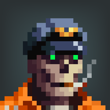 Pixel art portrait of a character wearing a blue cap with glowing green eyes and an orange outfit.