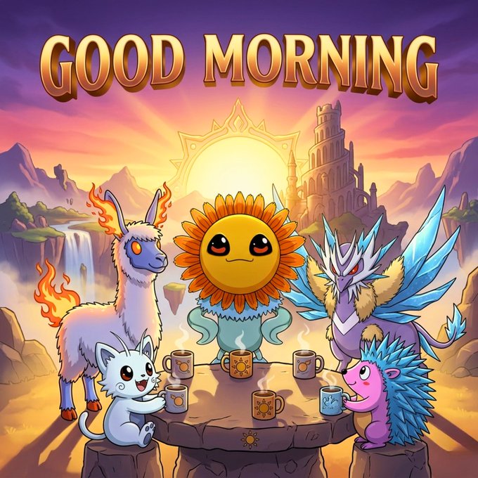 A colorful 'Good Morning' digital illustration featuring a llama, sunflower creature, blue cat, crystal dragon, and pink hedgehog having a tea party around a stone table at sunrise.