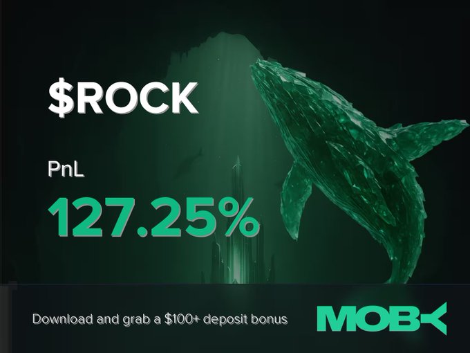 A promotional graphic for Moby displays a green whale against a dark background, featuring bold text "$ROCK" with a "PnL 127.25%" win notification and a call-to-action offering a "$100+ deposit bonus" alongside the Moby logo. The image visually celebrates the trader's successful position closure with the striking green percentage matching the brand's color scheme.
