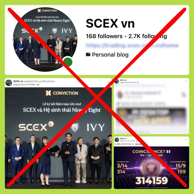 Social media profile screenshot for 'SCEX vn' (168 followers, 2.7K following) with a large red X drawn over the entire image, showing partnership posts with Conviction and IVY.