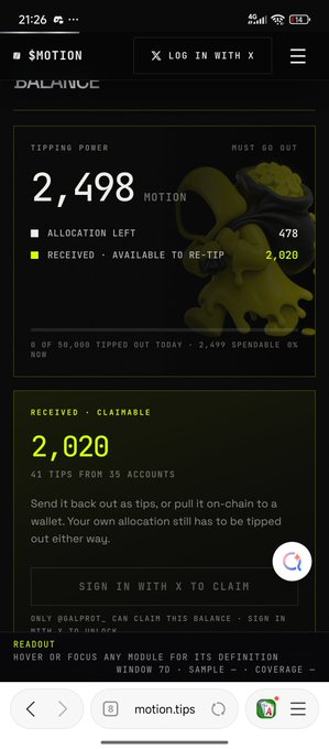 A mobile screenshot of the $MOTION tipping page on motion.tips shows a balance of 2,020 received from 41 tips and 2,498 tipping power, with a Sign In With X button to claim.