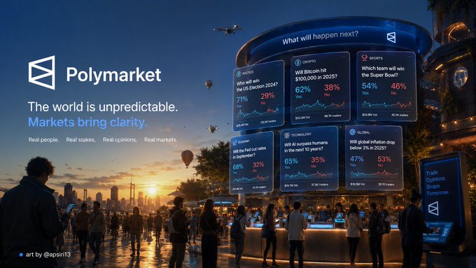 A promotional graphic for Polymarket reading 'The world is unpredictable. Markets bring clarity.' displaying various prediction market cards with yes/no percentages, credited to art by @apain13.