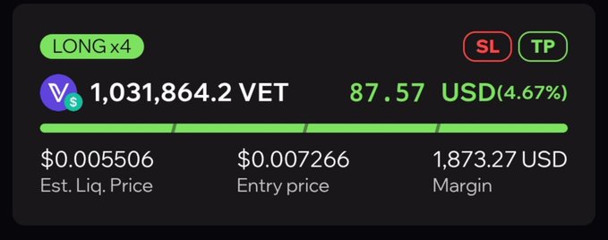 A cryptocurrency trading interface showing a LONG x4 position on VET (VeChain) with 1,031,864.2 VET valued at 87.57 USD (up 4.67%), along with entry price, estimated liquidation price, and 1,873.27 USD margin.