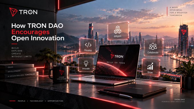 Promotional graphic for TRON DAO titled 'How TRON DAO Encourages Open Innovation', showing a laptop and mug on a desk with icons for dApps, Develop, Collaborate, Innovate, and Grow.