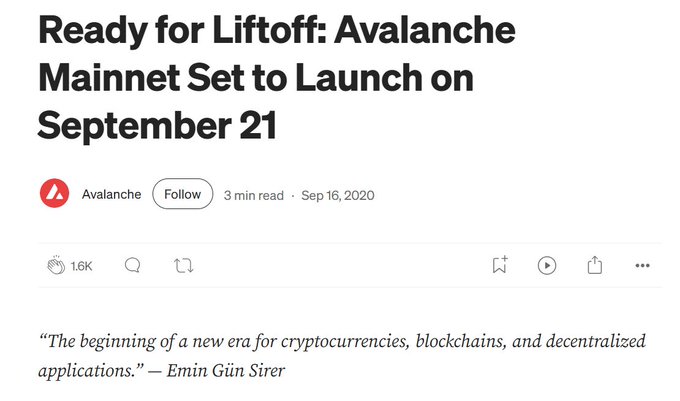An article headline from Avalanche reading 'Ready for Liftoff: Avalanche Mainnet Set to Launch on September 21,' dated September 16, 2020, with a quote from Emin Gün Sirer: 'The beginning of a new era for cryptocurrencies, blockchains, and decentralized applications.'