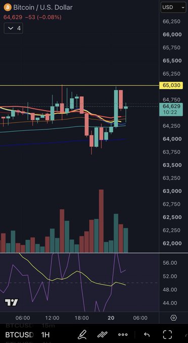 A TradingView chart of BTC/USD on a 1-hour timeframe shows Bitcoin trading at $64,629 (-0.08%) with resistance clearly visible at the $65,030 horizontal level, just below recent price action—directly illustrating the post's note that breaking above $65,030 is the key level to watch. The RSI indicator at the bottom hovers near neutral around 50, suggesting indecision ahead of that critical breakout point.