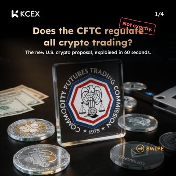 An Instagram-style post from KCEX asking 'Does the CFTC regulate all crypto trading?' with a 'Not exactly' stamp and subtitle 'The new U.S. crypto proposal, explained in 60 seconds,' featuring an image of the CFTC seal surrounded by various cryptocurrencies.