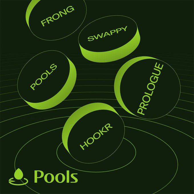 A green and black graphic shows five cylindrical objects labeled "FRONG," "SWAPPY," "POOLS," "PROLOGUE," and "HOOKR" arranged over a ripple-patterned background with the "Pools" logo at the bottom, visually representing the trending items mentioned in the post.
