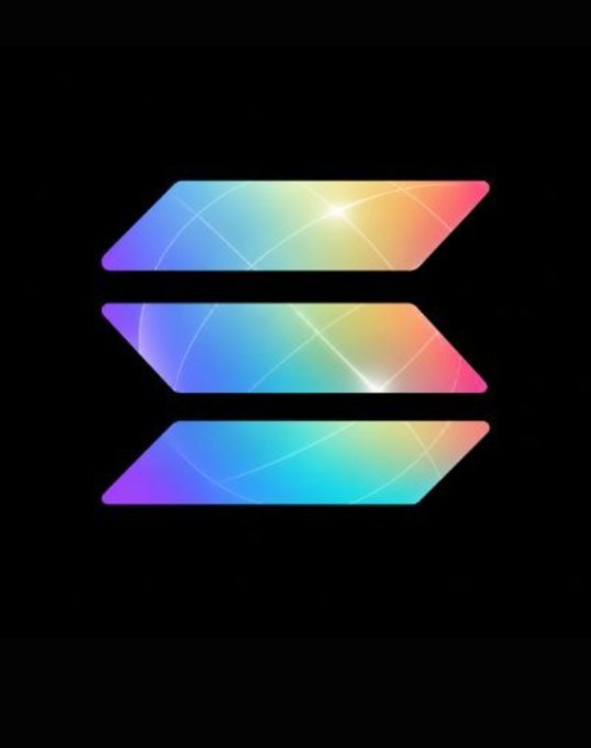 The Solana cryptocurrency logo is displayed as three stacked horizontal bars with a colorful rainbow gradient against a black background.