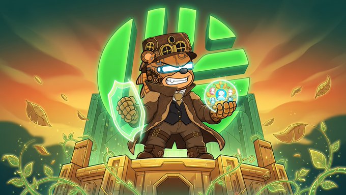 A digital illustration of a steampunk character with glowing blue goggles holding a shield and a glowing orb, standing before a large green dollar sign logo.