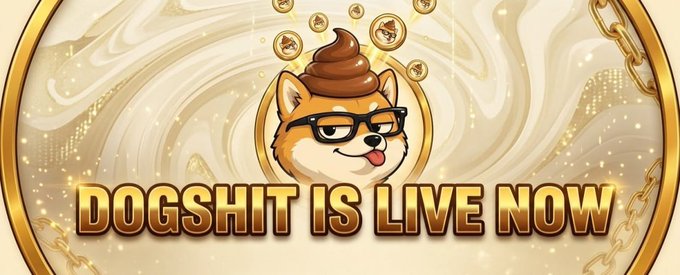 A cartoon graphic features a Shiba Inu dog wearing glasses with a poop emoji on its head, displayed above the bold text 'DOGSHIT IS LIVE NOW'.