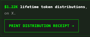 The image displays "$1.22K lifetime token distributions, on X." with a "PRINT DISTRIBUTION RECEIPT →" button, showcasing tangible earnings from the $STONKBROKER NFT as a distribution receipt. It visually reinforces the post's claim about substantial token earnings, providing proof of the rewards contributing to paying off the NFT upgrade.