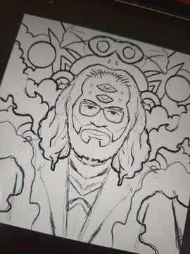 A black and white line drawing on a tablet screen depicting a bearded man with glasses and a third eye on his forehead, surrounded by flames and circular shapes.