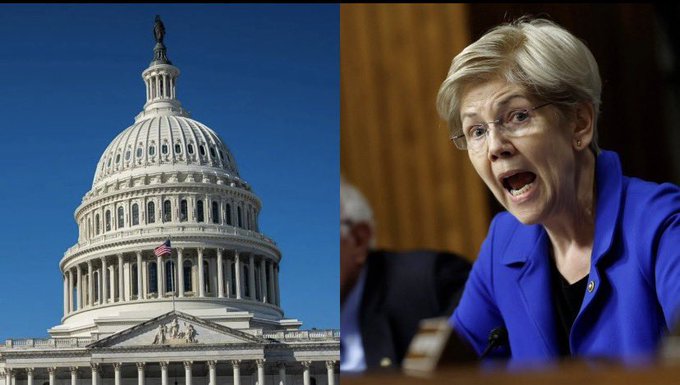 A split image showing the U.S. Capitol building on the left and Senator Elizabeth Warren speaking animatedly on the right.