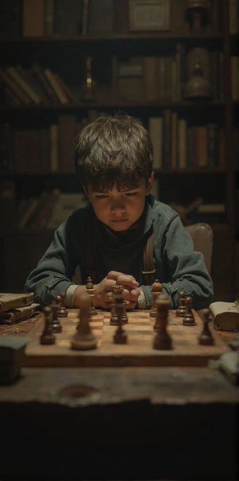 A young boy in suspenders intensely studying a chess board in a dimly lit room filled with bookshelves.