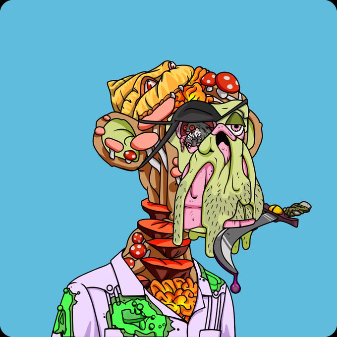 Surreal cartoon illustration of a figure in a lab coat with a head composed of melted, dripping organic matter including mushrooms, meat, a rat, and exposed brain matter on a teal background.