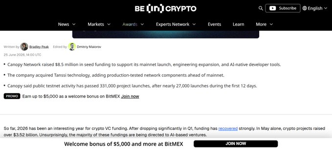 The image shows a BeInCrypto news article by Bradley Peak reporting that Canopy Network raised $8.5 million in seed funding, alongside key details including the acquisition of Tanssi technology and 331,000 public testnet project launches. The article supports the post's announcement by confirming the $8.5M raise as part of Canopy Network's efforts to develop next-generation blockchain infrastructure.