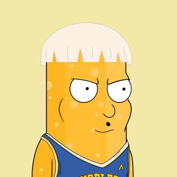A cartoon illustration of a beer glass character with a white frothy top wearing a blue and yellow sports jersey against a pale yellow background.