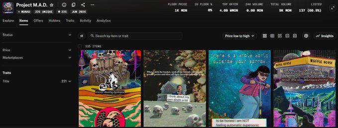 A screenshot of an NFT marketplace listing titled "Project M.A.D" showing various digital art items with stats including a floor price of 1K MON and a 24H volume of 9K MON.
