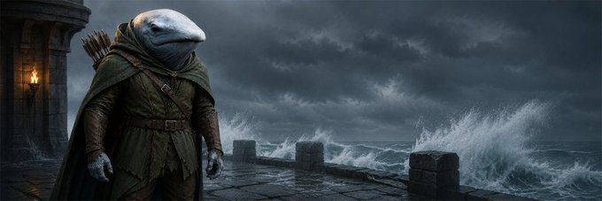 A hooded figure with a whale-like head and a quiver of arrows stands on a stormy stone pier, with crashing waves and a dark, ominous sky in the background. The image serves as the newly added banner for the $WHALEHOOD community on Moby, evoking a mythical maritime theme fitting the token's name.
