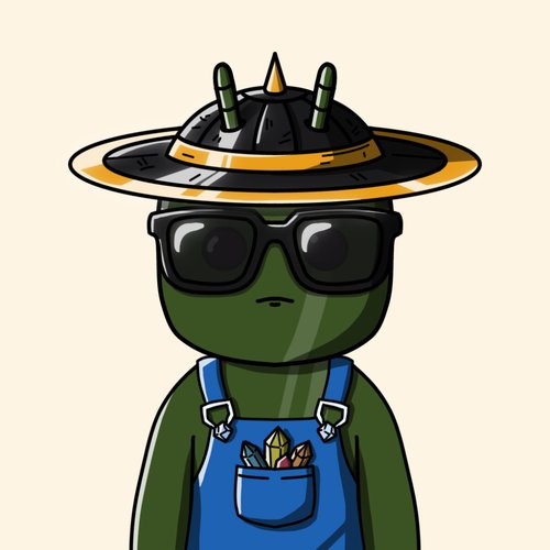 A green cartoon character wearing a wide-brimmed spiked hat, sunglasses, and blue overalls with colorful gems in the pocket stands ready for gem-hunting adventures. The character's cool, accessorized look perfectly matches the "Gem Gatherers" theme of the post, suggesting a stylish, prepared explorer ready to collect treasures today.