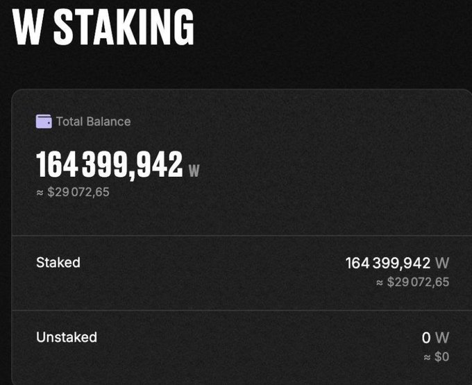 A dark-themed staking dashboard screenshot titled "W STAKING" showing a Total Balance of 164,399,942 W (approximately $29,072.65), all of which is Staked, with 0 W Unstaked.