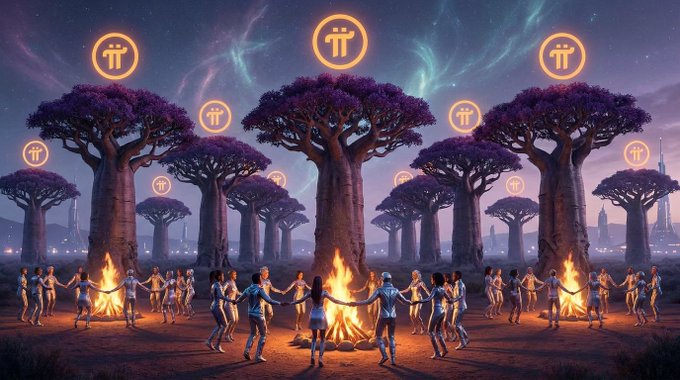 An AI-generated digital artwork depicting people dancing around bonfires beneath large baobab-like trees with purple foliage, under a starry sky with glowing Pi (π) cryptocurrency logos floating above.