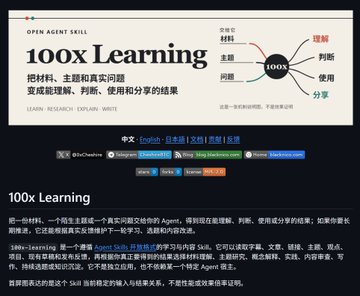A Chinese-language webpage about '100X Learning' featuring a mind map graphic, descriptions of learning agent skills, and tags including '中文', 'English', '日本語', and '한국어'.
