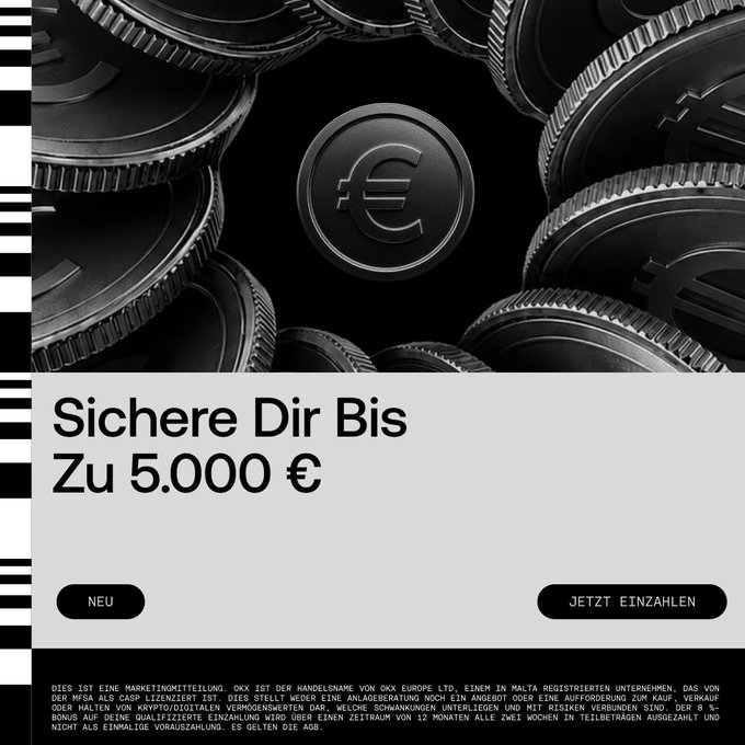 The image is a German-language promotional graphic for OKX, featuring black euro coins with a central € symbol and the headline "Sichere Dir Bis Zu 5.000 €" (Secure Up To €5,000), along with "JETZT EINZAHLEN" (Deposit Now) and "NEU" (New) buttons. It promotes the 8% deposit bonus offer mentioned in the caption, highlighting the new cashback incentive available to eligible users switching to the OKX app.