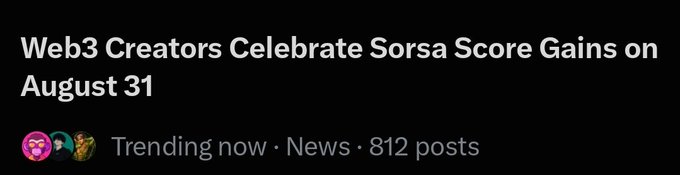 A text-based social media post header on a black background reading 'Web3 Creators Celebrate Sorsa Score Gains on August 31,' with 'Trending now · News · 812 posts' below it and three small user avatars.
