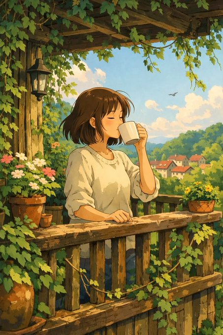 An anime-style illustration of a brown-haired girl peacefully drinking from a cup on a rustic wooden balcony surrounded by ivy, flowers, and a scenic village view.