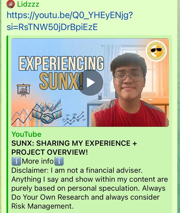A Telegram preview by "Lidzzz" sharing a YouTube video titled "SUNX: SHARING MY EXPERIENCE + PROJECT OVERVIEW!" featuring a young man with glasses beside "EXPERIENCING SUNX!" graphics, a handshake icon, and a chart illustration. The post ties into the global theme by promoting SunX's trader-friendly platform while inviting users to suggest which country the project should expand to next.