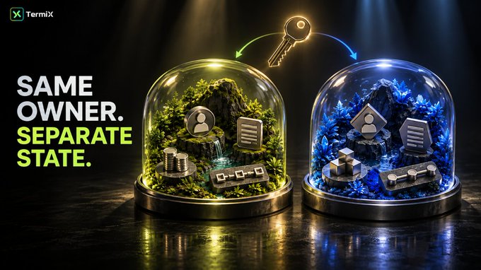 A 'TermiX' advertisement with the text 'SAME OWNER. SEPARATE STATE.' showing two glass domes—one green and natural, one blue and crystalline—each containing financial assets, connected by a key graphic.