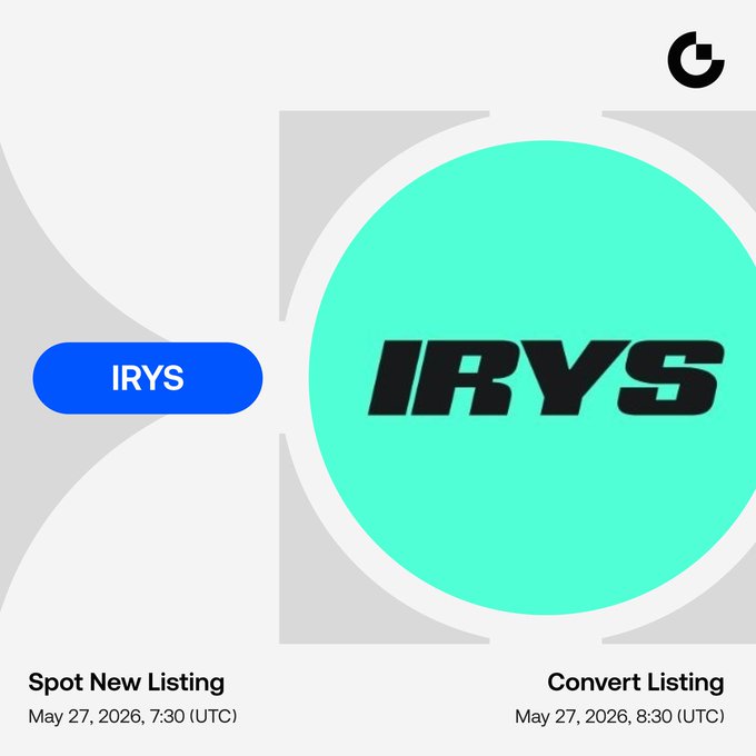 The image displays an infographic featuring a green circle with the word "IRYS" written on it, along with blue text that reads "IRYS Trading Pair: $IRYS @irys_xyz Trading Pair: $IRYS / $USDT Trading Starts: 07:30 AM, May 27th (UTC) Convert with 0 Fees Starts: 08:30 AM, May 27th (UTC) Trade: gate.com/convert/USDT/I ...". The infographic focuses on the topic of trading pair for Irys and provides specific details about trading starting times for the given months.