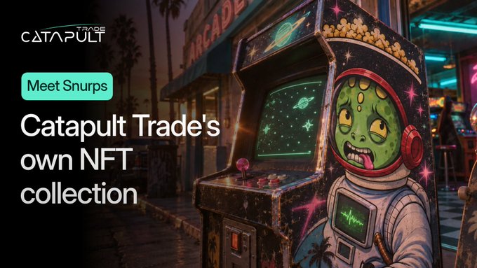 A promotional graphic featuring a green alien character in a spacesuit next to an arcade machine, with the Catapult Trade logo and text reading 'Meet Snurps' and 'Catapult Trade's own NFT collection.'
