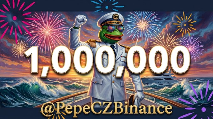An illustrated image of Pepe the Frog dressed as a naval captain, raising a fist, with fireworks in the background and a yacht on the ocean; large text reads '1,000,000' and '@PepeCZBinance'.