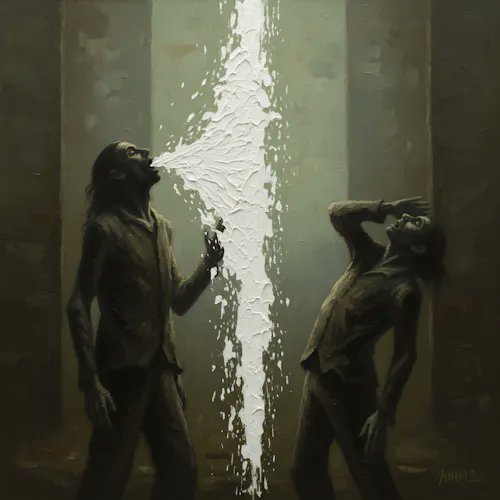 A dark, moody painting of two emaciated figures reaching toward a jagged vertical stream of white light between stone walls.