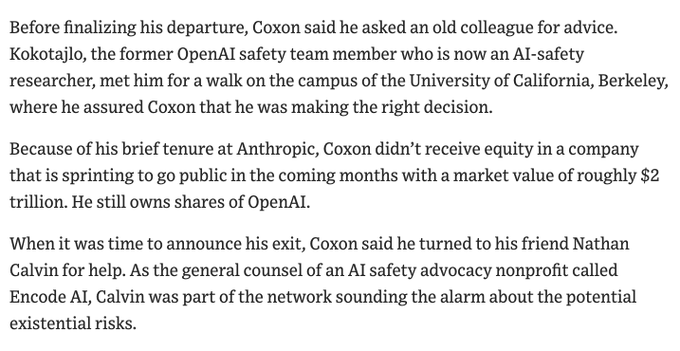 The image shows a news excerpt about Jan Leike and Daniel Kokotajlo, former OpenAI safety team members who left for Anthropic, with Kokotajlo advising a colleague (referred to as "Coxon" in the text) to depart from a company "sprinting to go public" with a "$2 trillion" market value. The accompanying post suggests Jacob Coxon was a "psyop to predictive program the public," implying the article itself may be a carefully constructed narrative shaping public perception about AI safety departures.