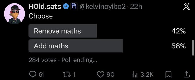 A Twitter poll by @kelvinoyibo2 ("HOLD.sats") asks followers to choose between "Remove maths" (42%) and "Add maths" (58%), with 284 votes cast. The accompanying post "The maths stays on" aligns with the majority voting to add or keep maths.