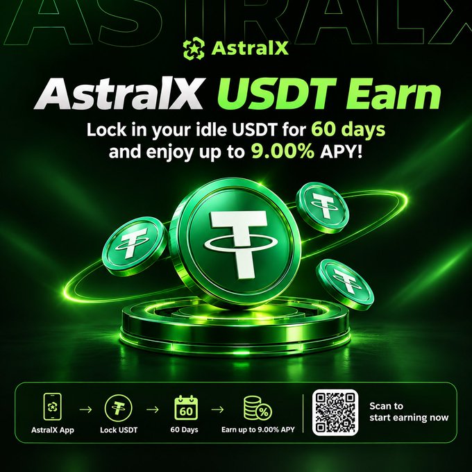 An advertisement for AstralX USDT Earn offering up to 9.00% APY for locking USDT for 60 days, featuring green Tether coins and a QR code.