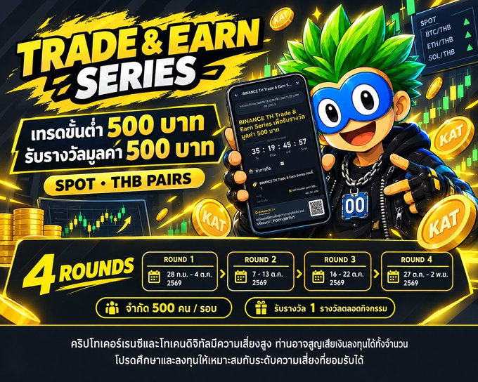 A Binance TH promotional graphic for a 'Trade & Earn Series' in Thai, offering 500 THB trading and 500 THB futures rewards for SPOT and THB pairs, featuring a green-haired cartoon mascot and round trip schedules.