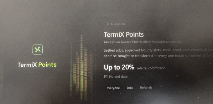 A screenshot of the TermiX Points rewards program description, highlighting 'Always-on rewards' and 'Up to 20% referral commission' on a dark background.