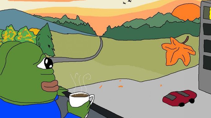 A cartoon illustration of Pepe the Frog holding a coffee cup, watching a sunset over a landscape with a red car below.