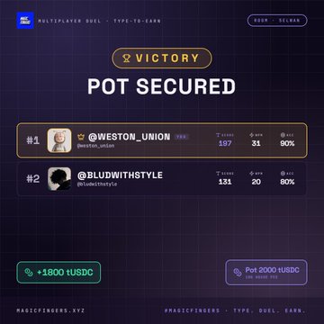 A victory screen from a 'MULTIPLAYER DUEL' game showing 'POT SECURED' with winners @WESTON_UNION (#1, +1800 USDC) and @BLUDWITHSTYLE (#2), with a pot of 2000 USDC.