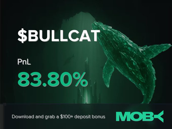 A promotional graphic featuring a glowing green whale silhouette against a dark underwater backdrop displays "$BULLCAT" with a highlighted PnL of "83.80%", along with a Moby app call-to-action offering a "$100+ deposit bonus"—visually celebrating the trader's winning close on the trending $BULLCAT token as noted in the post.