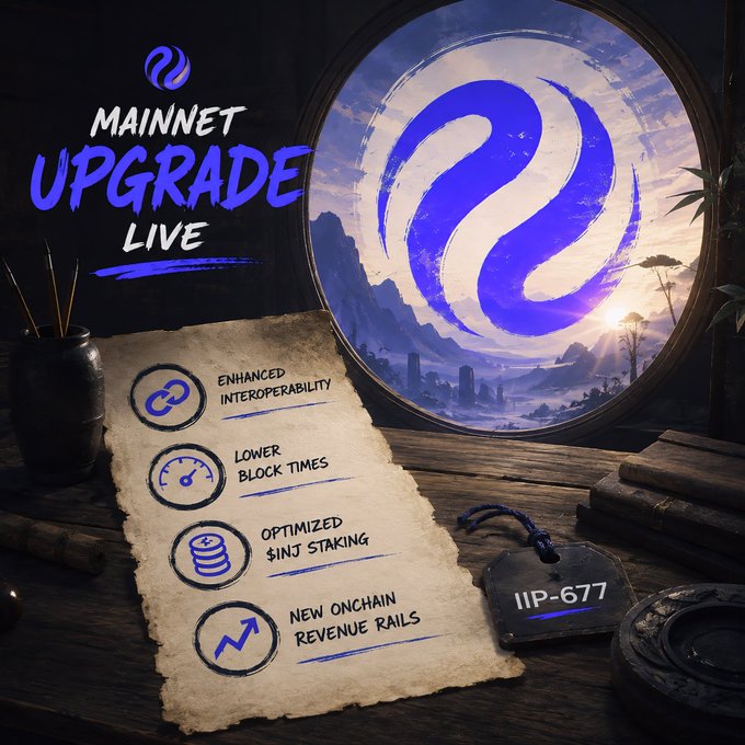 A stylized promotional graphic announces the Injective mainnet upgrade IIP-677, featuring the Injective logo in a circular portal alongside a parchment scroll listing key improvements: Enhanced Interoperability, Lower Block Times, Optimized $INJ Staking, and New Onchain Revenue Rails. The medieval/mystical aesthetic reinforces the "mainnet upgrade live" messaging referenced in the accompanying post about cross-chain connectivity and $INJ.