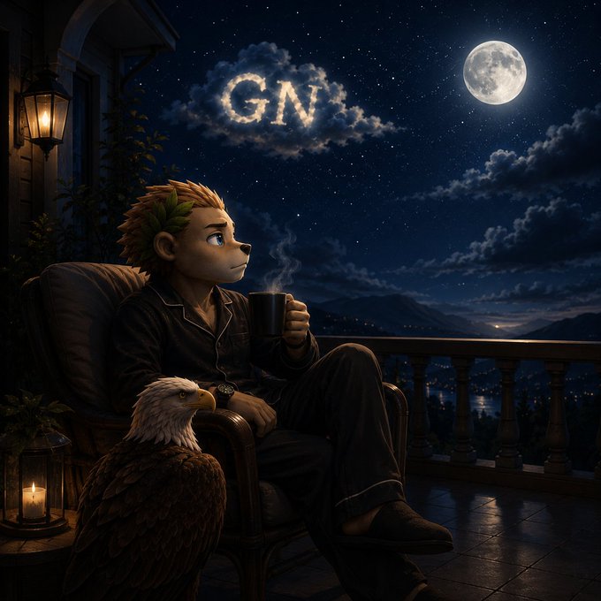 A fantasy digital artwork of a young, lion-like humanoid character in pajamas holding a steaming mug, sitting on a balcony at night with an eagle beside him and 'GN' spelled out in the clouds.
