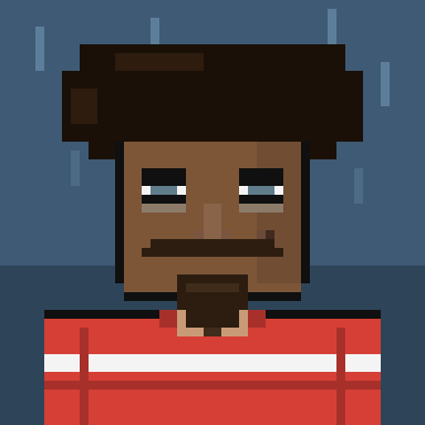 A pixel art portrait depicts a dark-skinned character with short hair wearing a red shirt against a gray background.