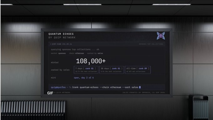 A screen displaying "QUANTUM ECHOES" by GIF Network, showing NFT mint statistics with "108,000+" minted and "minted" status open on day 2 of 6.